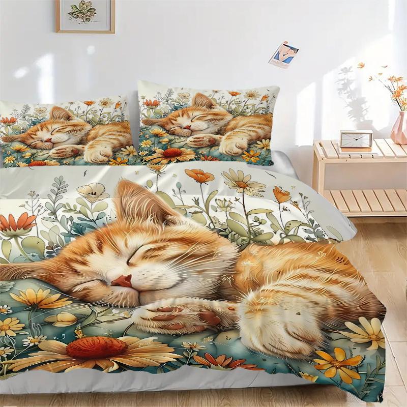 3pcs Sleeping Ginger Kitten Printed Quilt Set, Soft and Comfortable Quilt Cover for Bedroom