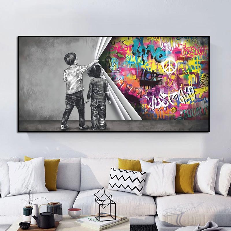 Abstrakte Graffiti-Kinder auf der Bühne, Showvorhang, Leinwand-Kunst, Poster, Drucke, Wandbilder für Wohnzimmer, Zuhause, Cuadros-Dekor