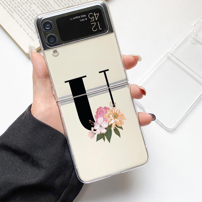 Flower Letters S Fashion Phone Case For Samsung Galaxy Z Flip 3 4 5 6 7 Hard Folding Z Flip4 Clear PC Cover Protector Gift
