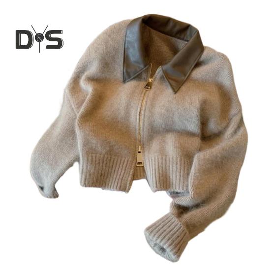 

Женский свитер, пальто, лацкан, длинный рукав, застежка-молния, вязаный кардиган, пэчворк, цветная ребристая отделка, свободный крой, повседневный трикотаж хаки