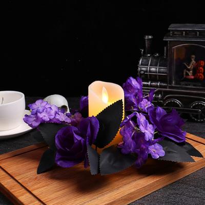 Halloween Kerzenringe Kranz Künstliche Lila Rose Schwarze Blätter Kerzenhalter Kranz für Halloween Tischdekorationen