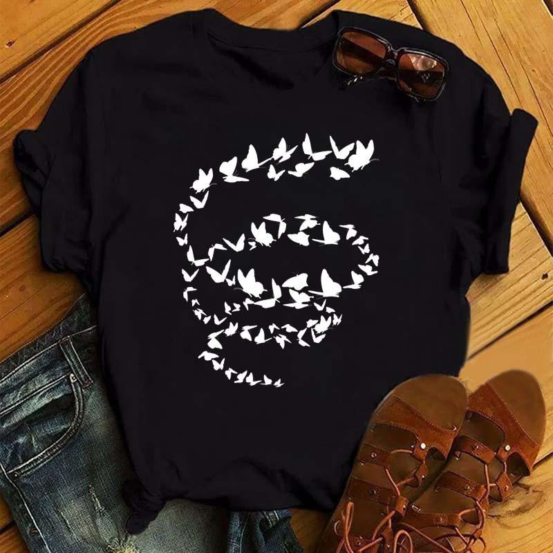 Summer Butterfly Print Plus Size Loose Round Neck Pure Cotton Short Sleeved Top T-Shirts Women’s Tees