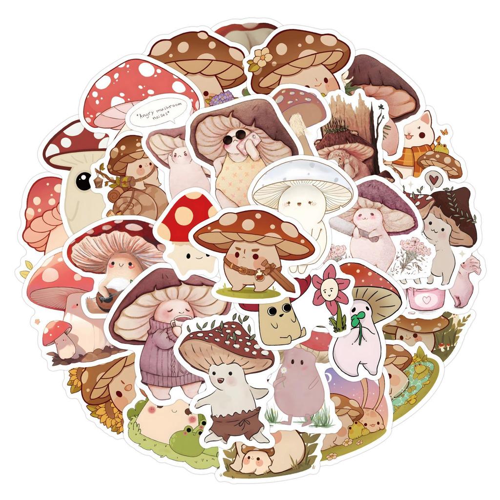 60 Cartoon Mushroom Friends Stickers: Waterproof DIY for Mobile & Luggage