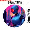 2D Flat 20*20cm1pc City Sunset scenery Blue Robot pattern Circular Hanging ornament, Futurist Urban Landscape Theme Wooden decoration, Application