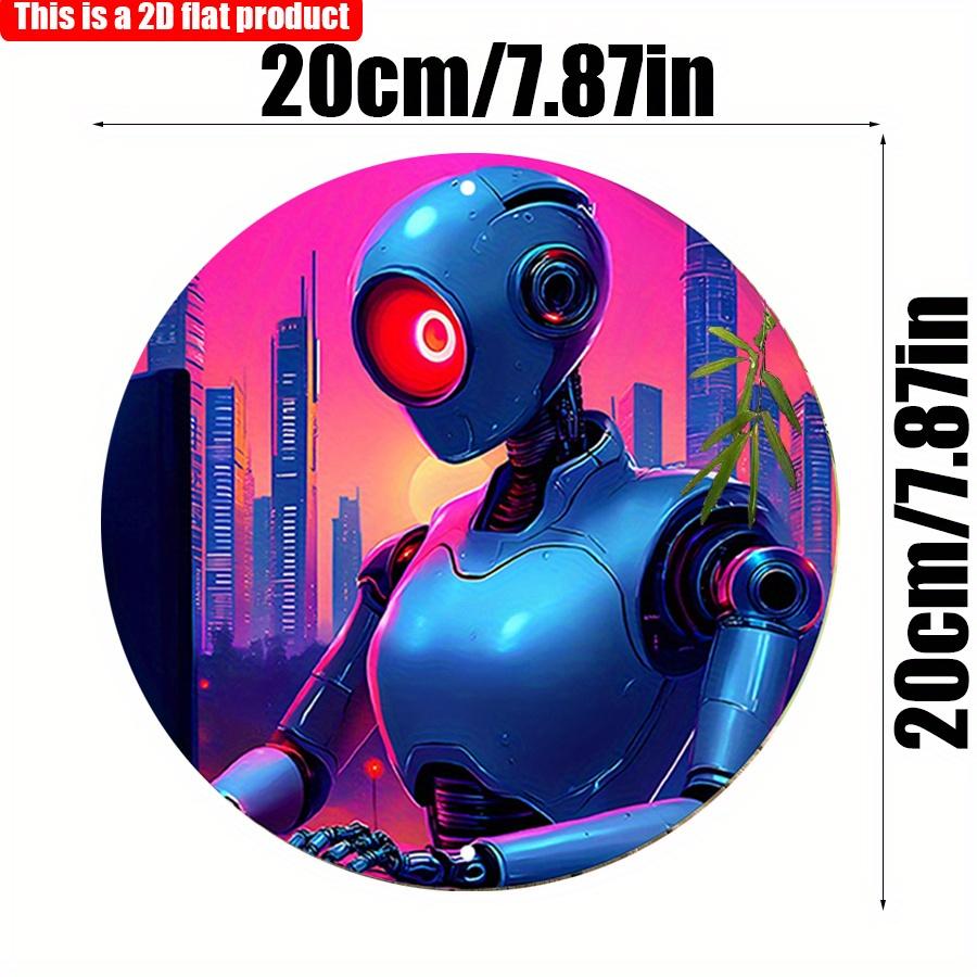 2D Flat 20*20cm1pc City Sunset scenery Blue Robot pattern Circular Hanging ornament, Futurist Urban Landscape Theme Wooden decoration, Application