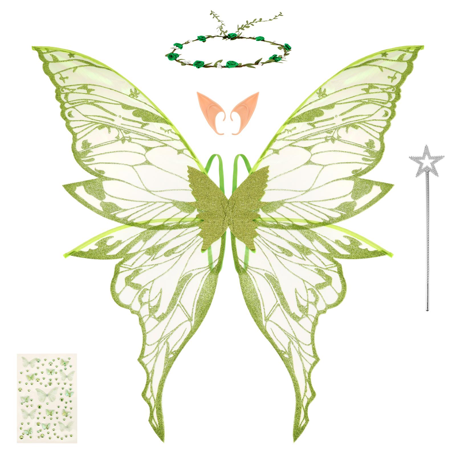 

5Pcs Fairy Wing Set Delicate Fairy Costume Set with Garland Wand Ear Wing Sticker for Cosplay Party Holiday Performance Headwear зелёный
