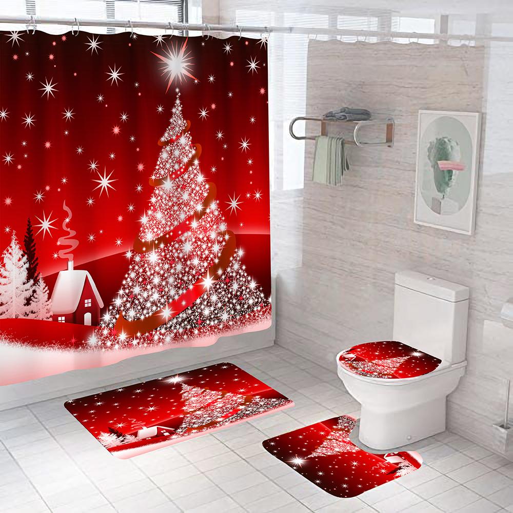 Christmas Tree Bathroom Set Shower Curtain Set Waterproof Santa Claus Anti-Skid Rugs Toilet Cover Bath Curtains Set With Hooks