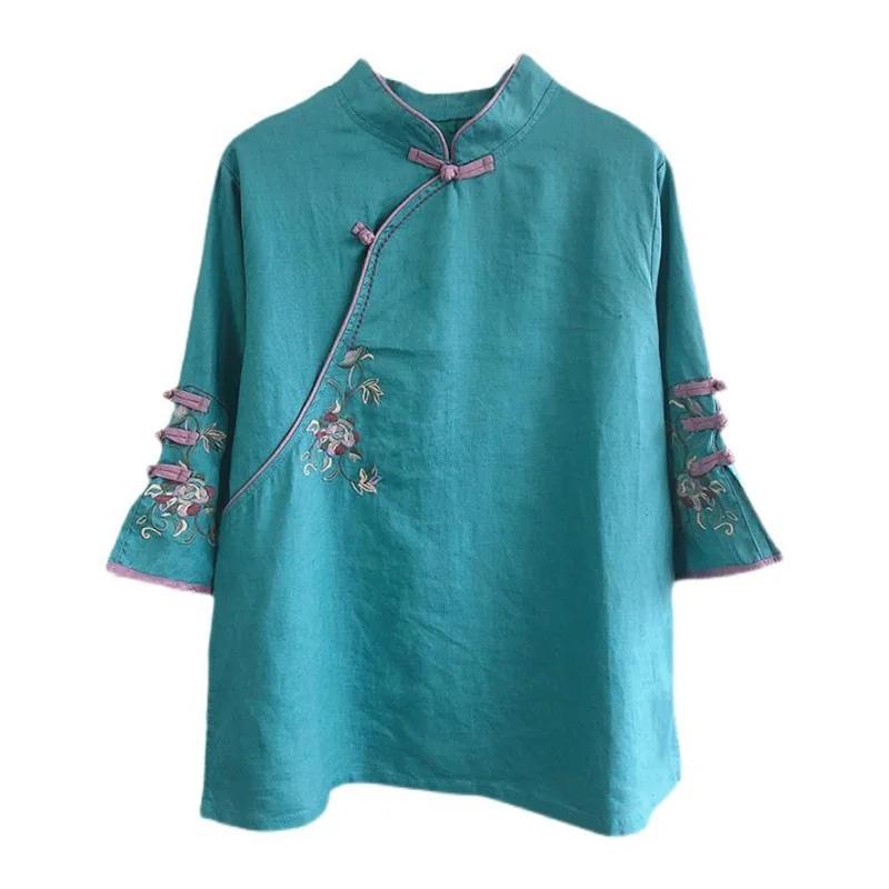 Spring Summer Retro Seven Quarter Ladies' Cotton Linen Shirt Blouse Chinese Traditional Women's Formal Top Ttang Costume Hanfu