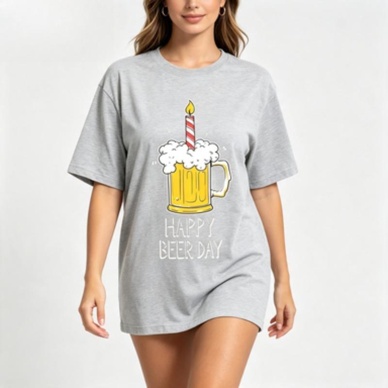 Funny Beer Lover Unisex Cotton Tshirt Happy Beer Day Beer Mug Candle Graphic Casual Birthday Gift Crew Neck Short Sleeve Tees