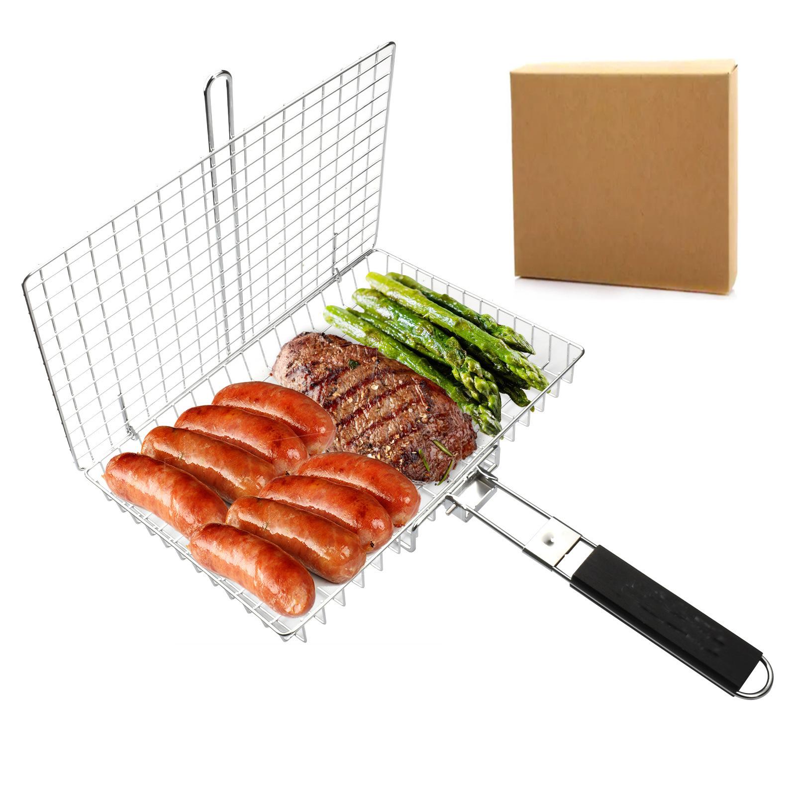 Folding Handle Barbecue Clip Stainless Steel Barbecue Grill Net Outdoor Multifunctional Grilled Fish Meat Vegetable Mesh