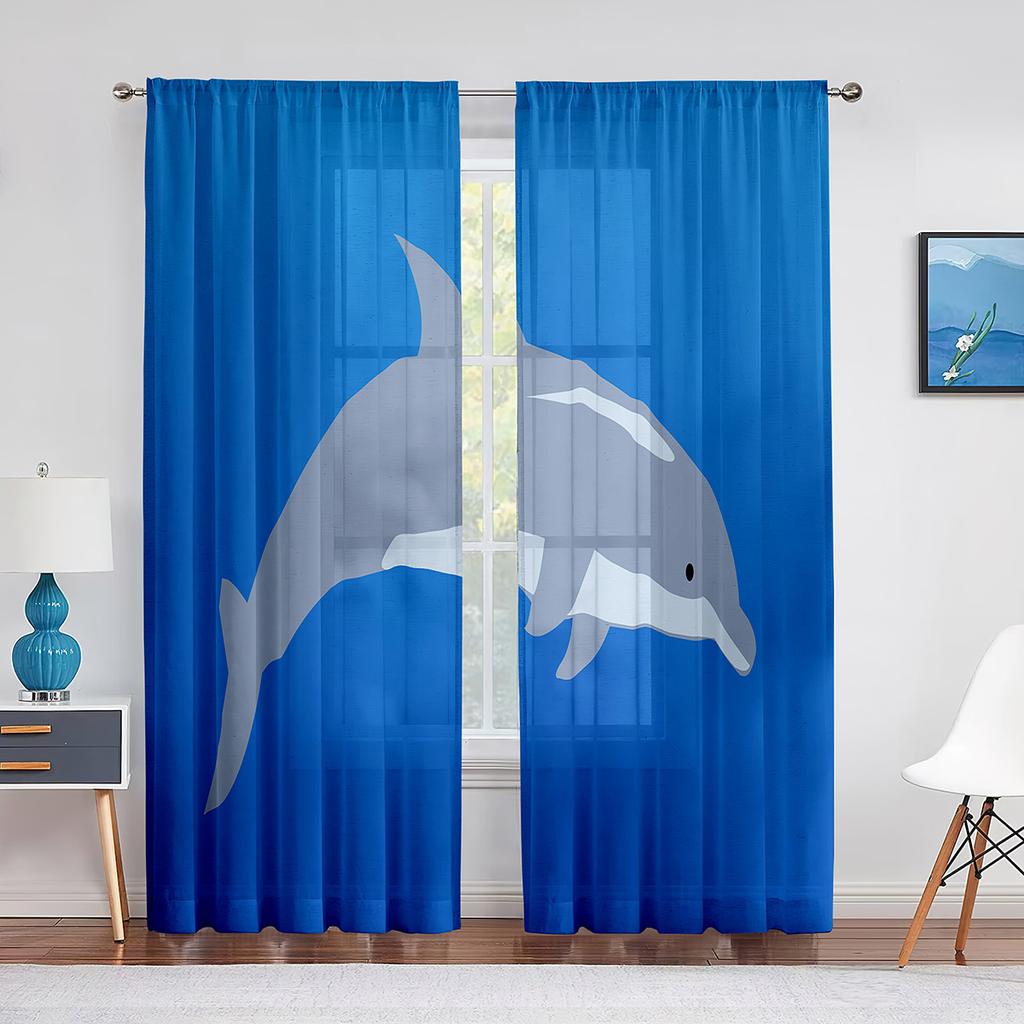 Cartoon Ocean Animal Sheer Voile Curtain Dolphin Sea Lion Whale Window Tulle Curtains for Living Room Kids Bedroom Kitchen Decor