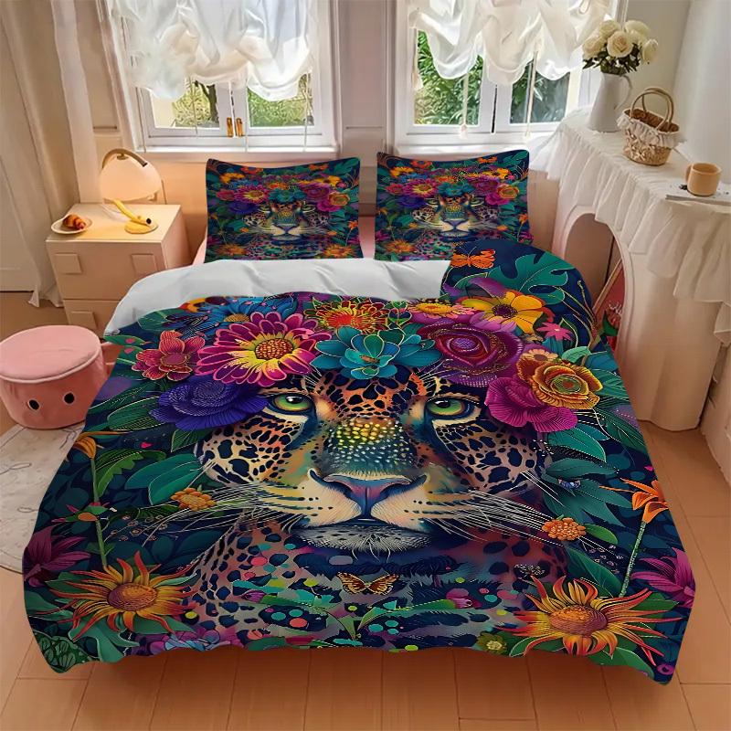 3PCs Leopard Floral Print Design Cover Set, Breathable Fabric, Machine Washable (1 Duvet Cover + 2 Pillowcases) (Without Quilt) yy250911094