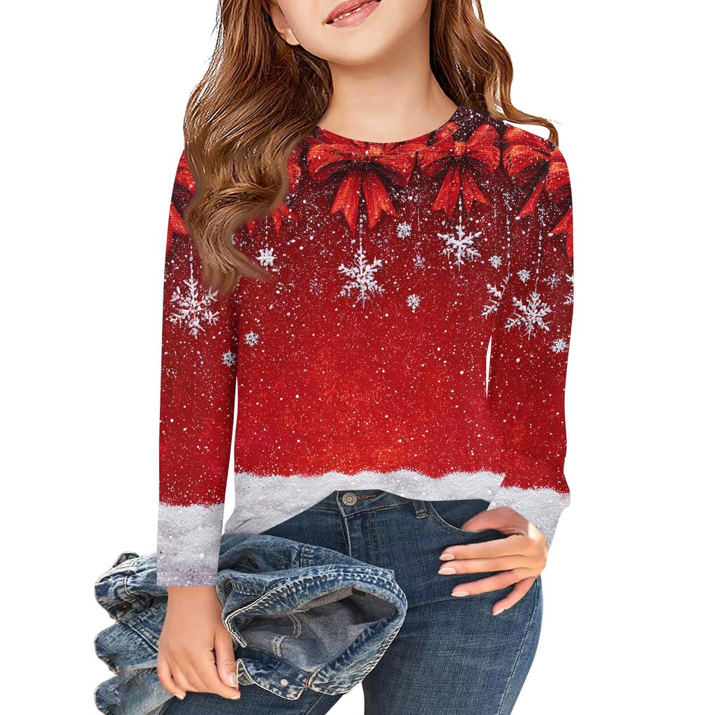 Christmas Day Girls Long Sleeve T Shirts Kids Fall Tops Crewneck Printed Basic Tees