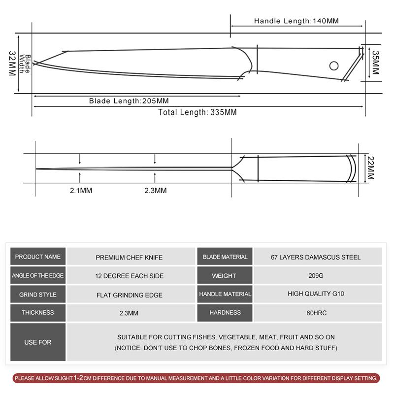 8palcové kuchyňské nože šéfkuchaře 67 vrstev Damašková ocel Krájení masa na zeleninu Nůž Gyutou s rukojetí G10 Nůž na vaření Dárek GRANDSHARP