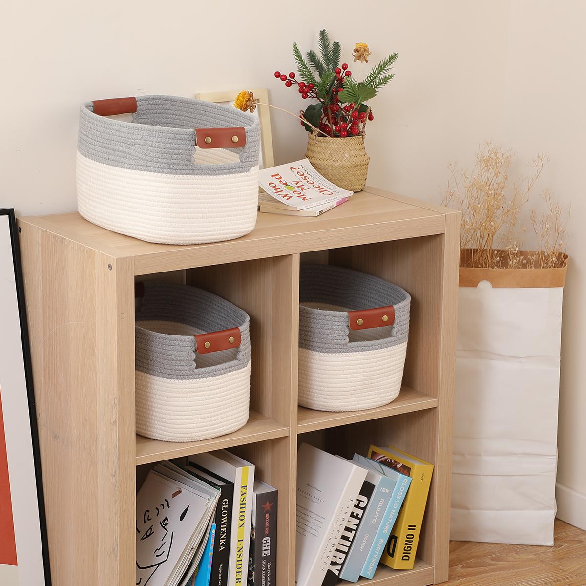 

AB-028 Home Decoration Books Storage Bin Storage Box Woven Cotton Rope Basket Organizer for Toys,Magazines White+Khaki