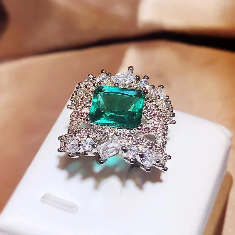 

Hot Selling New Product Simulation Emerald Tourmaline Opening Ring Female Luxury Princess Square Full Diamond Ring Party Gift 2 зелёный