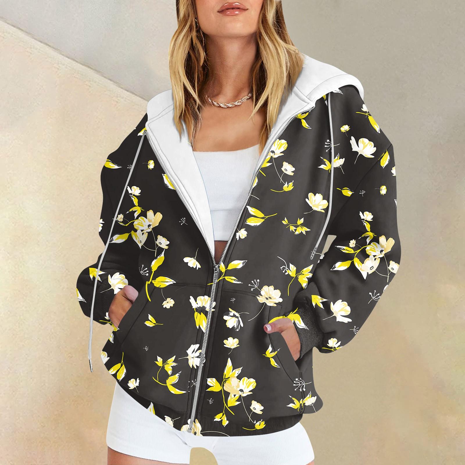 

Женская мода повседневная спортивная одежда с цветочным принтом на осень и зиму с длинными рукавами и карманами, куртка-кардиган с капюшоном на молнии, куртка S чёрный