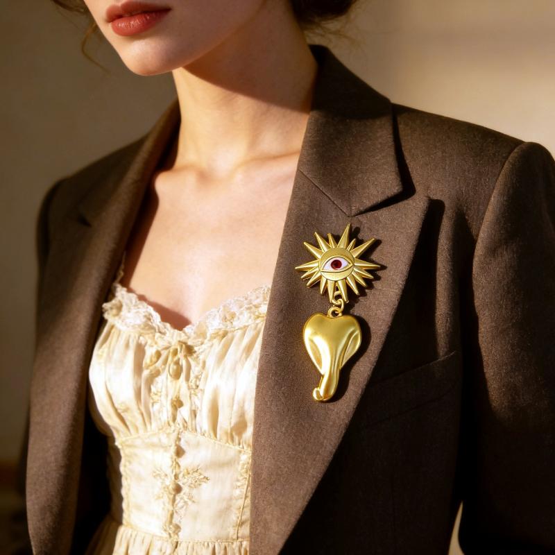 Retro Baroque Style Gold Eye Brooch Long Pearl Tassels Vintage Women Lapel Pin for Bridesmaid Dress Decor Nice Gift