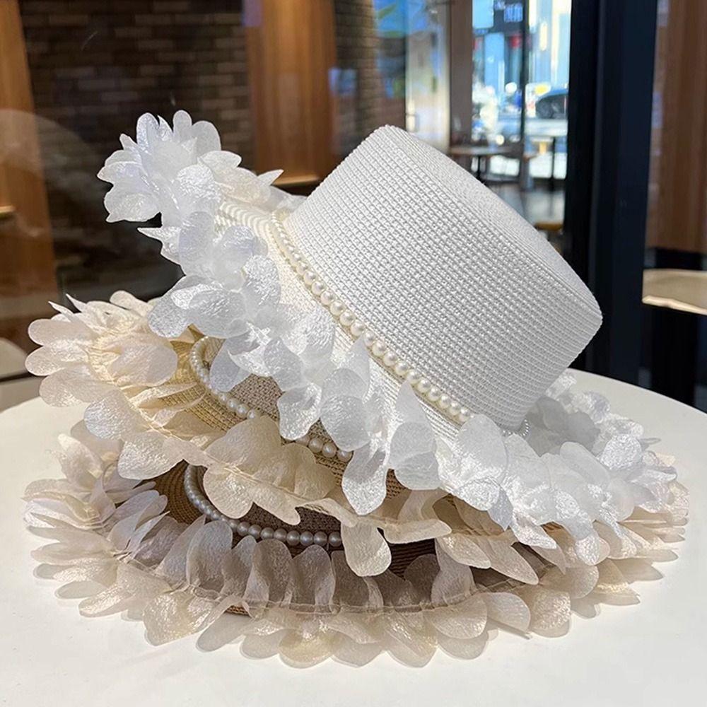 Wide Brim Flat Top Hat Pearl Trim Summer Hat New Straw Sun Hat for Beach and Daily Wear