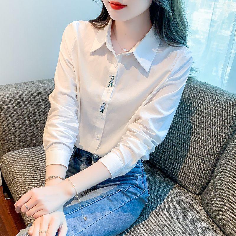 Women's Blue Shirt Autumn New Style Versatile Embroidered White Shirt Long Sleeve Top