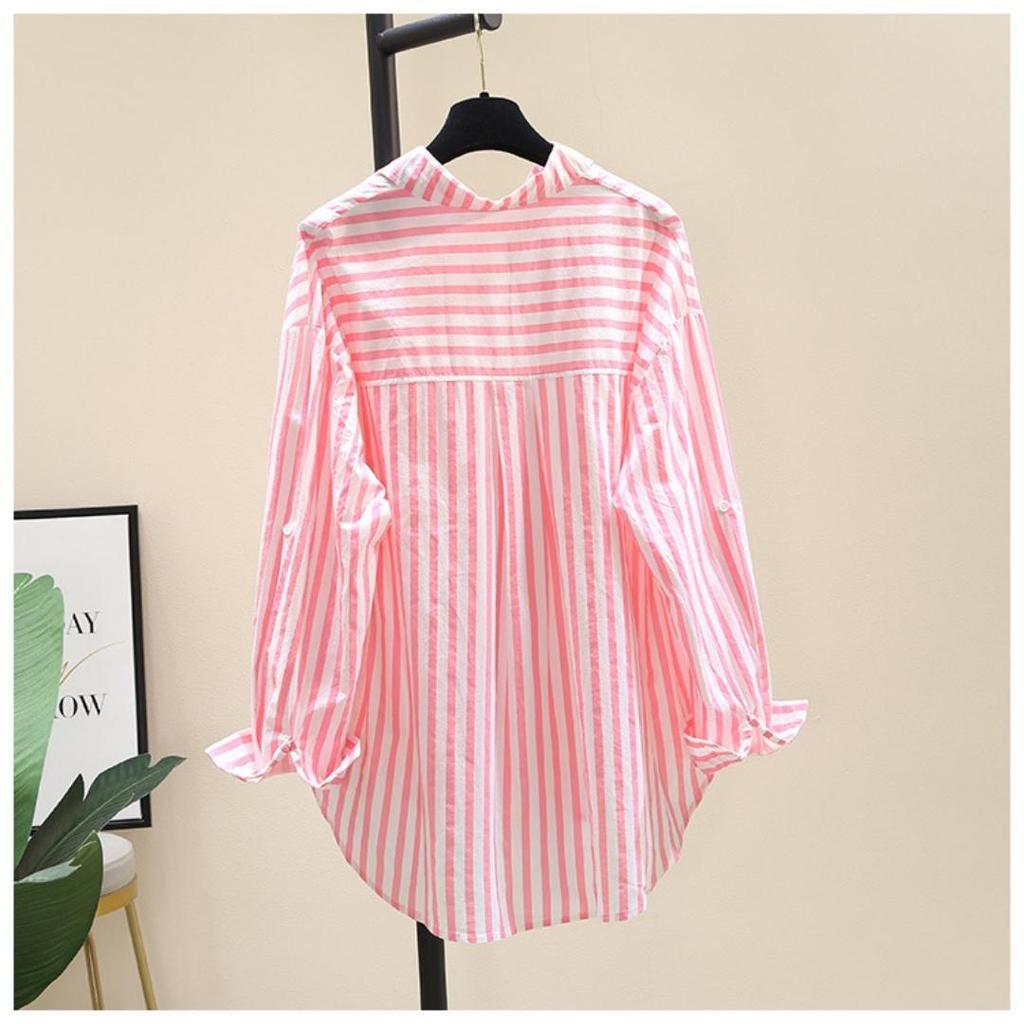 Frühling und Sommer Langarmshirt Damenmode Lässig Vertikal gestreift Locker geschnittenes Hemd Damen