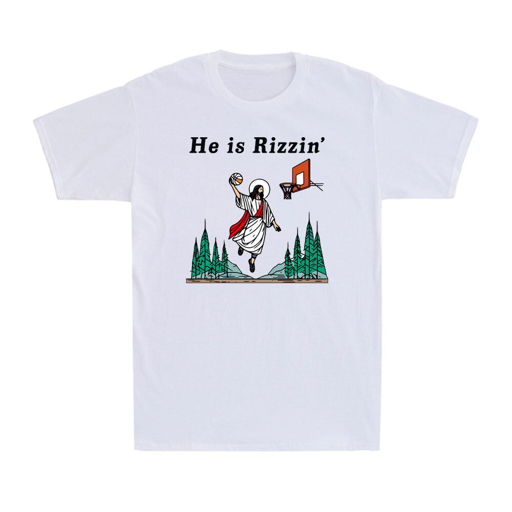 He Is Rizzin Funny Easter Jesus Play Basketball Christian Faith Men s T-Shirt L