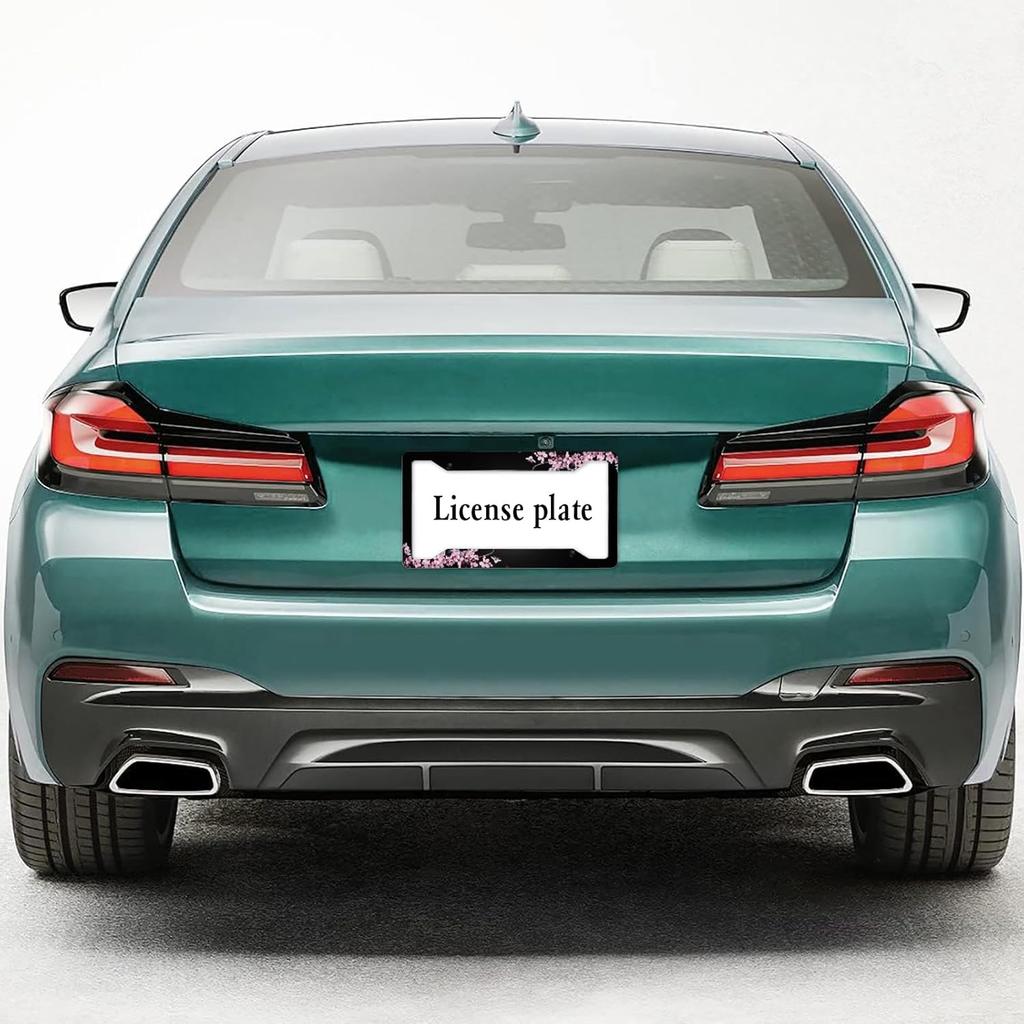 Cherry Blossom License Plate Frame Pink License Plate Cover Funny Auto Accessory Bracket Aluminum Metal Black License Plate Frames For Women Men (Set