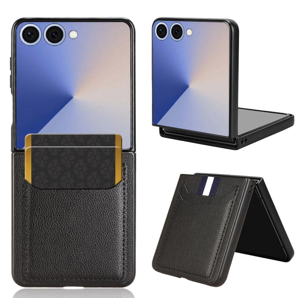 

For Samsung Galaxy Z Flip7 5G Case Card Holder Litchi Texture Leather+PC Phone Cover Black