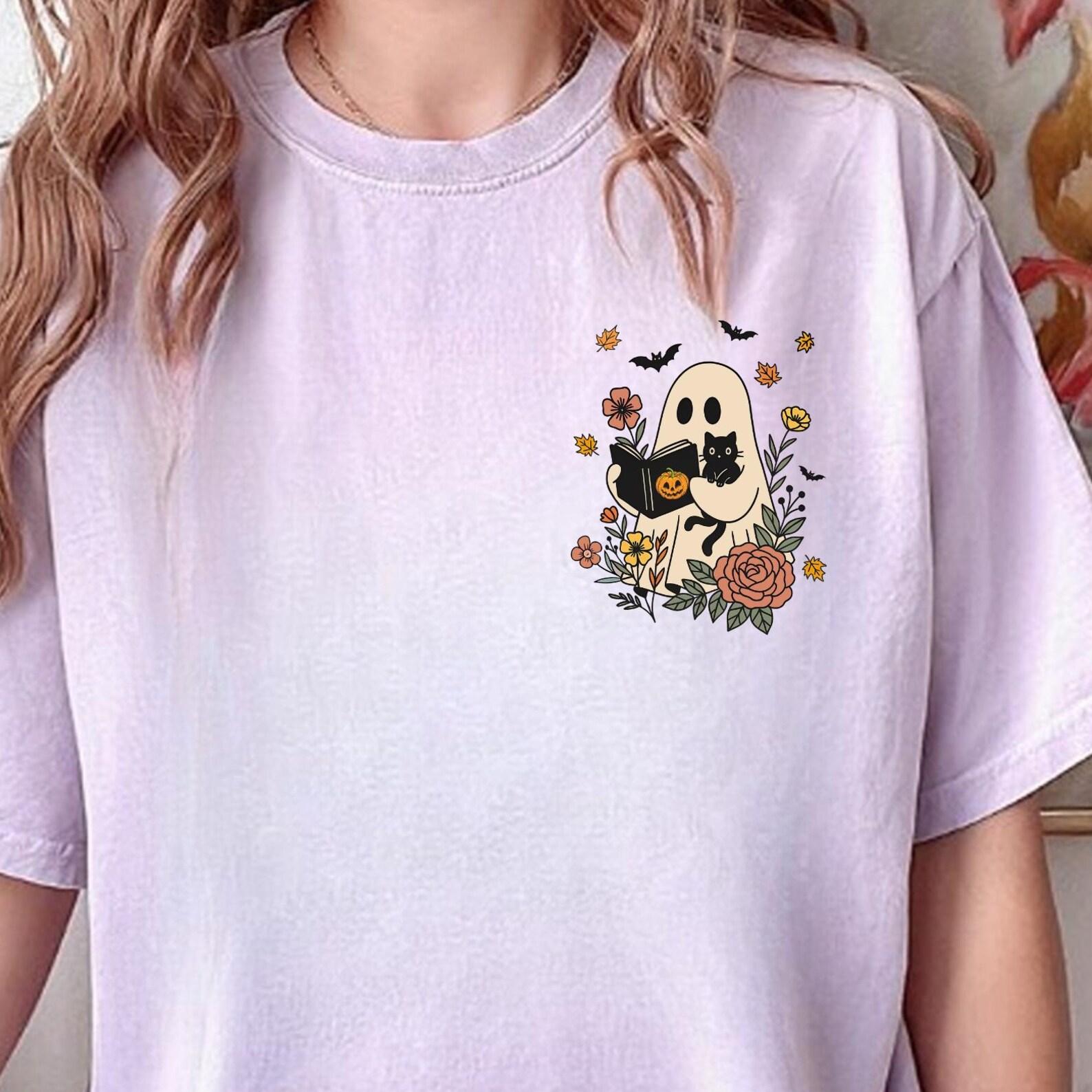 Reading Ghost Cat Halloween (On Pocket), Halloween Ghost Librarian Shirt, Cute Ghosts Reading Books Tee, Ghost Halloween Gift, Ghost Book M