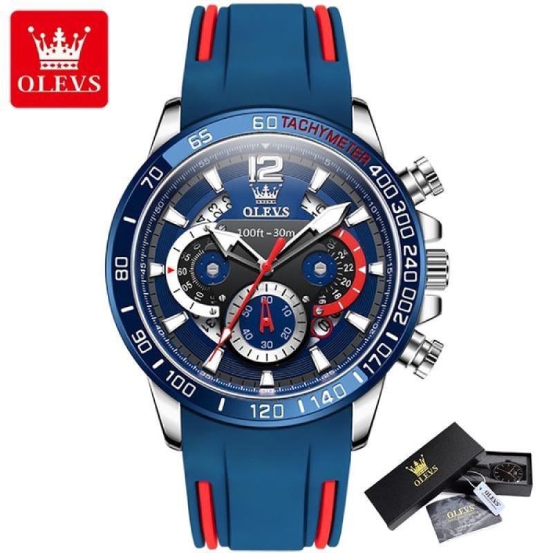 

Мужские многофункциональные кварцевые часы Olevs с силиконовым ремешком, роскошные спортивные водонепроницаемые светящиеся часы Watch&Box синий/серебряный