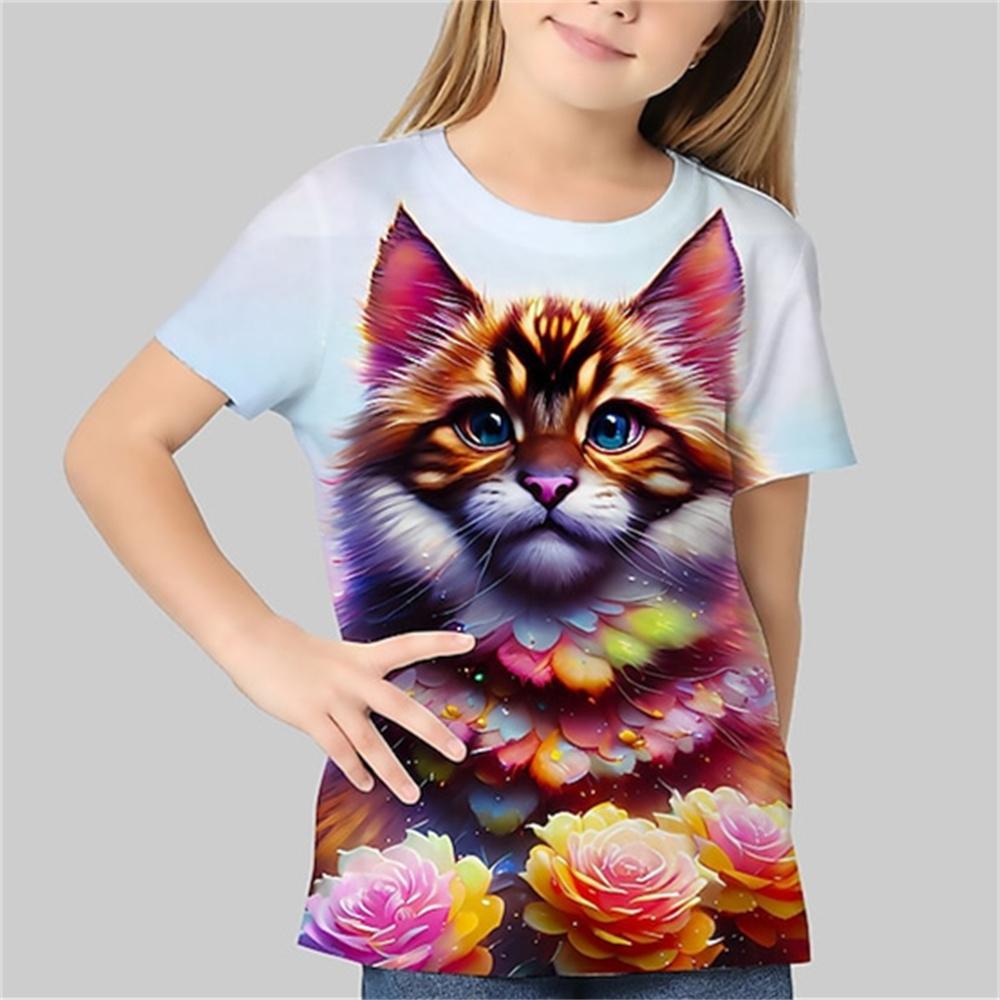 2024 Dziewczęca Letnia Koszulka Top Kawaii Kot Grafika T-Shirty Odzież Dziecięca O-Neck T-Shirt Dziecięcy Krótki Rękaw Odzież Dziecięca Damska
