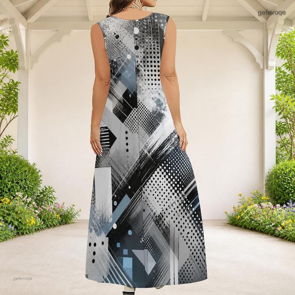 Women Plus Size Grey Black White Printed Scoop Neck Sleeveless A Line Maxi Dress