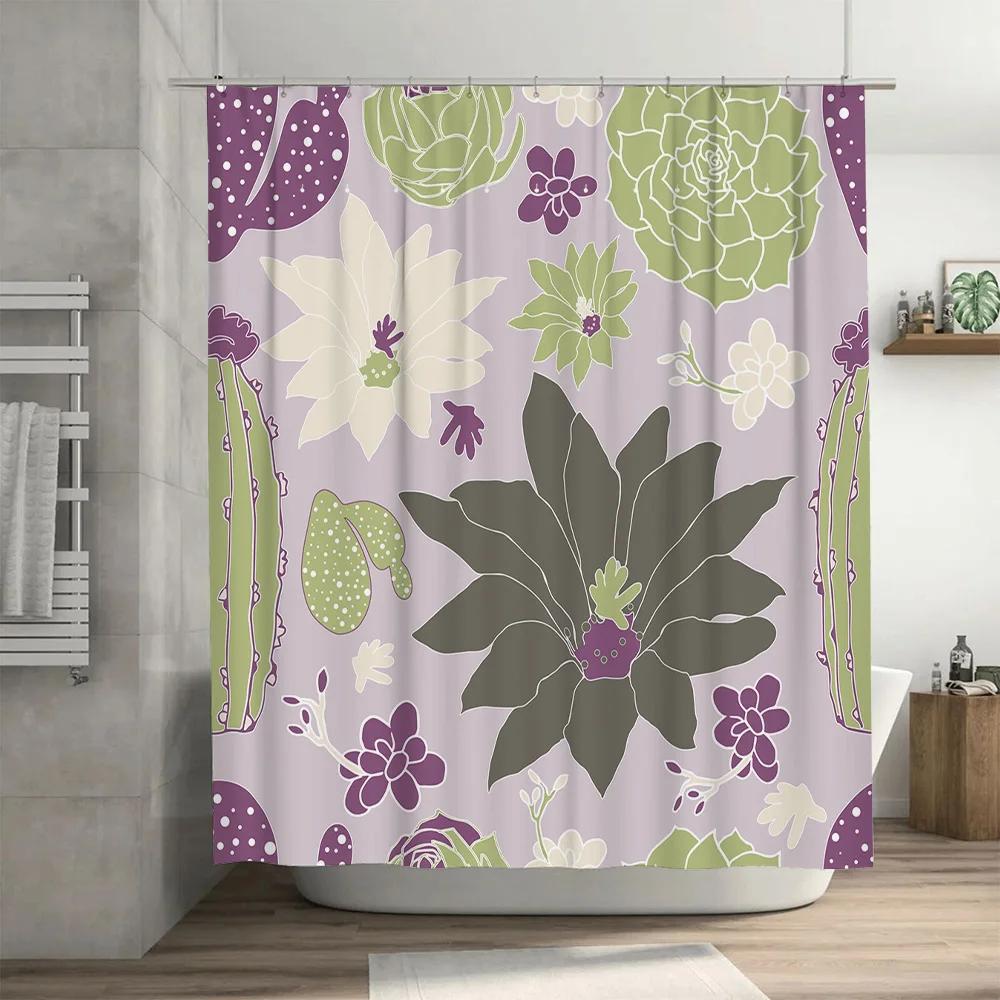 Modernes Blumiges Duschvorhang-Set Grünes Blatt-Lila-Blumenmuster Wasserdicht Badezimmer-Dekor Liner Für Heim-Badezimmer Imp