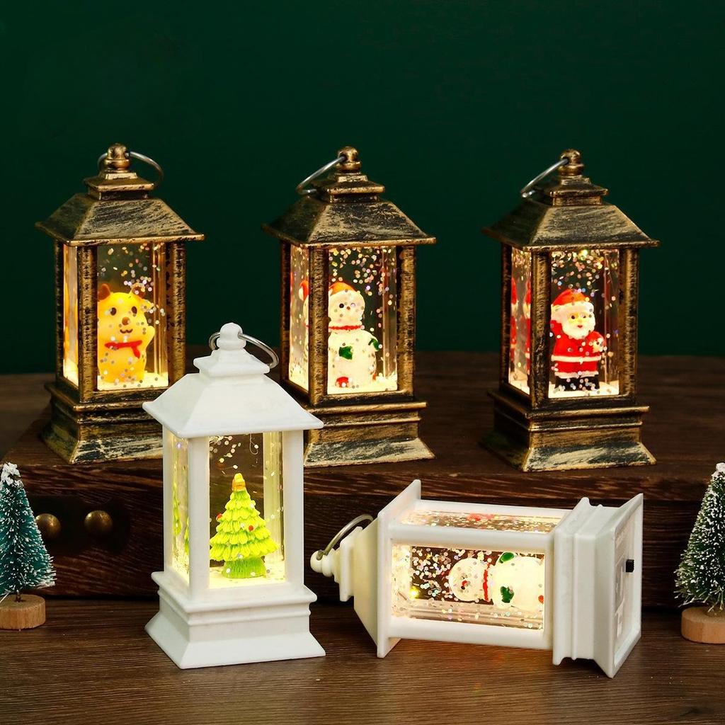 Christmas LED Snow Globe Lantern with Santa and Snowman Décor, Candlestick Night Light Ornaments.