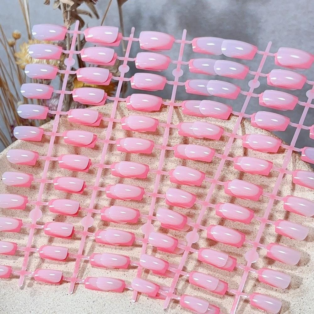 120Pcs Fashion White Edge Press On Nails Square Shape Medium Length False Nails Nude Pink Glossy Finish Fake Nails