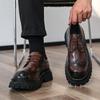 Men's Black Leather Derby Shoes with Thick Sole for Height Increase - British-Style Formal Brogue Round Toe for Weddings and Business.