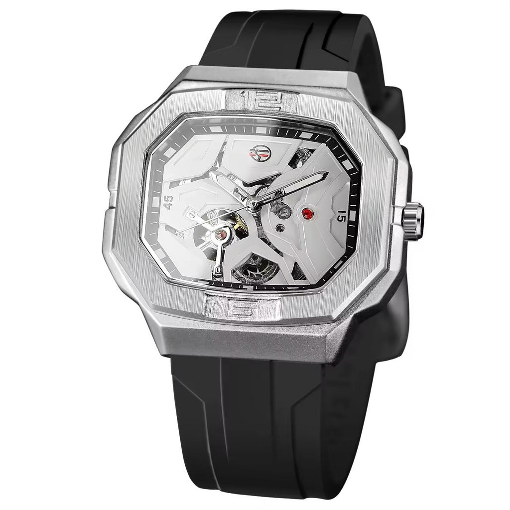 Forsining Mens Skeleton Automatic Self Wind Mechanical Movement Watches Waterproof Luminous Square Dial Silicone Strap Wrist Watch