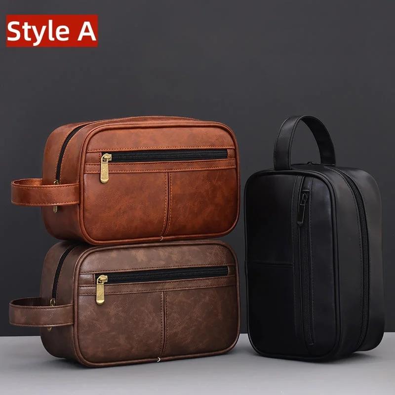 PU Leather Man Woman Handbag Large Capacity Material Portable Handbag Makeup Pouch Travel Wash Bag Vintage