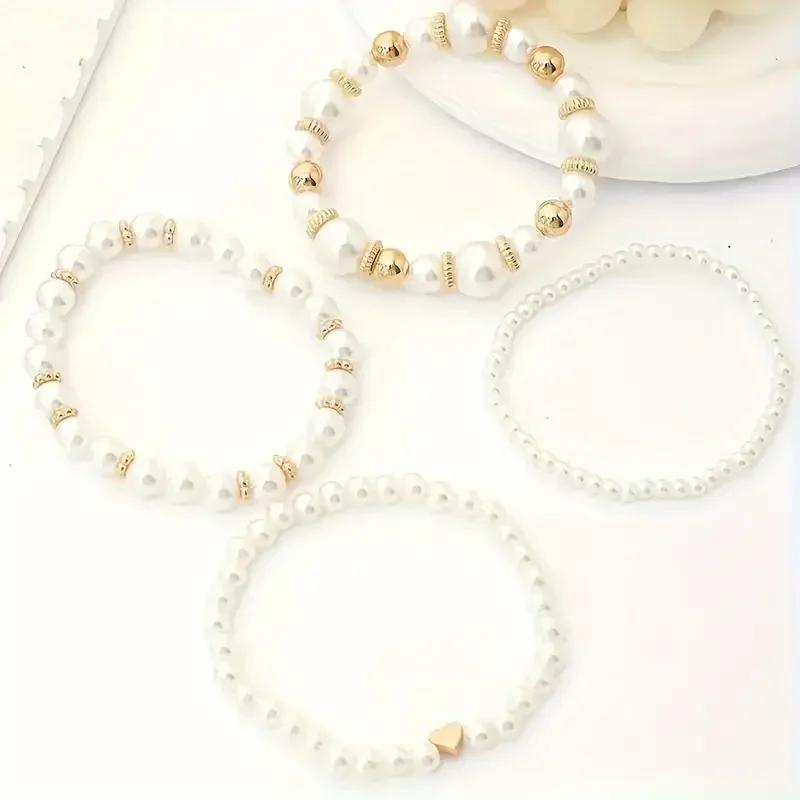 New 4 Pcs/Set Imitation Pearl Beaded Bracelets Set for Women Gold Color Heart Big Pearl Bracelet Trendy Jewelry Gifts