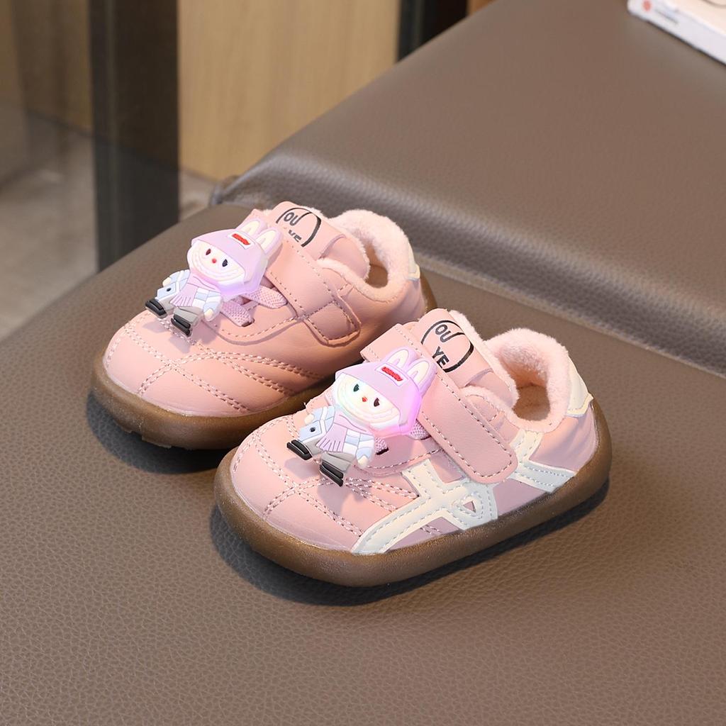 Autumn/Winter 2025 Light-Up Cartoon Soft Sole Baby Shoes with Fleece Lining - Unisex Toddler Board Shoes