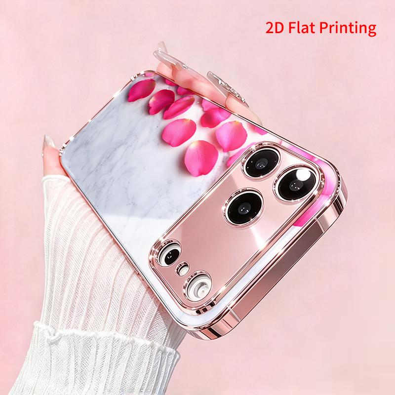 2DFlat electroplated tempered glass phone case,Pink Rose Petals on Marble,suitable for iPhone 18 Pro Max 17 16 15 14 13 12 11