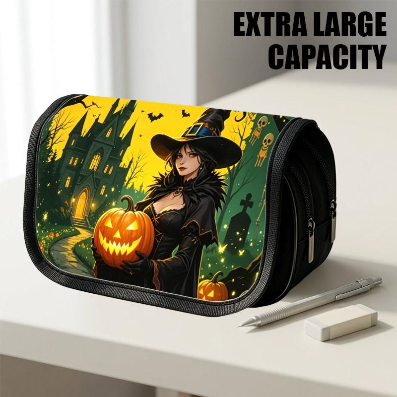 1pc Portable Flip-Top Halloween Themed Pencil Case with Double-Layer Zipper, Halloween Witch Pumpkin Grove Design, Large Capacity Thickened Oxford Mul