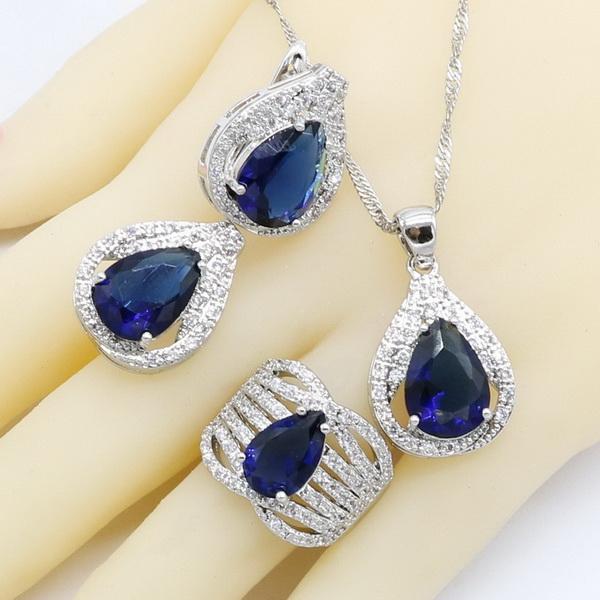 Royal Blue Semi-Precious  Color Bridal Jewelry Sets For Women Bracelet Hoop Earrings Necklace Pendant Rings Gift Box