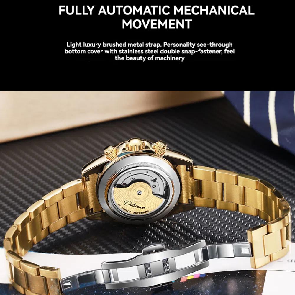 Dulunwe Moon Phases Calendar Display Watch Waterproof Stainless Steel Gold Wristwatch Luxury Unique Men's Automatic Mechanical Watches