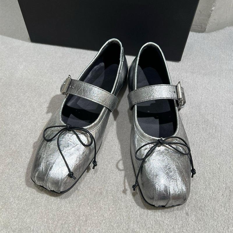 Cowhide version~ niche design square head bow one-word buckle with Mary Jane women's shoes flat casual temperament single shoes