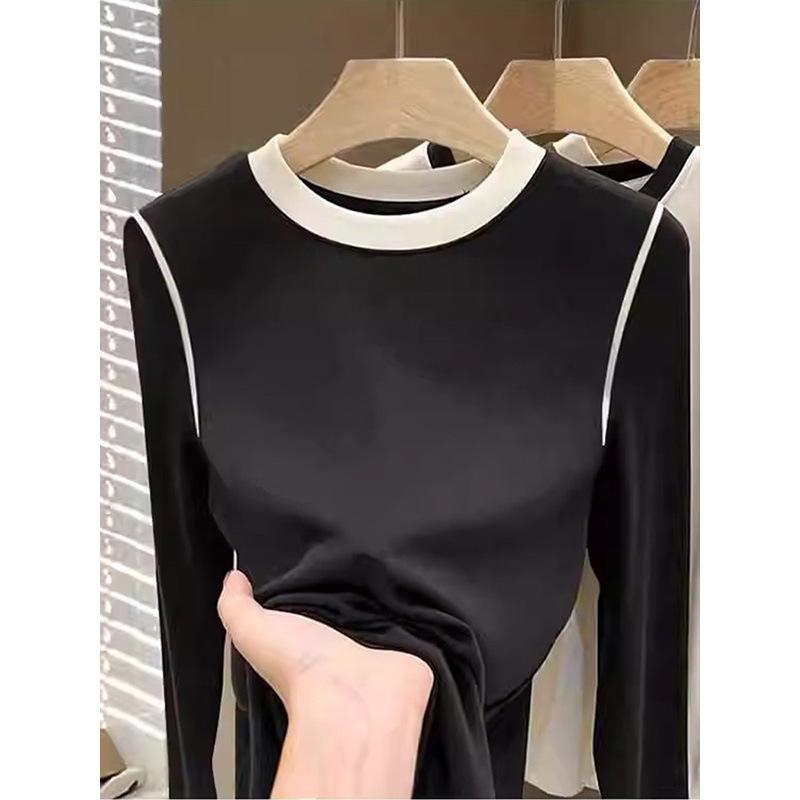 

Women s Velvet Brushed Color Block Long Sleeve Top - Versatile, Warm Autumn/Winter Wear Small