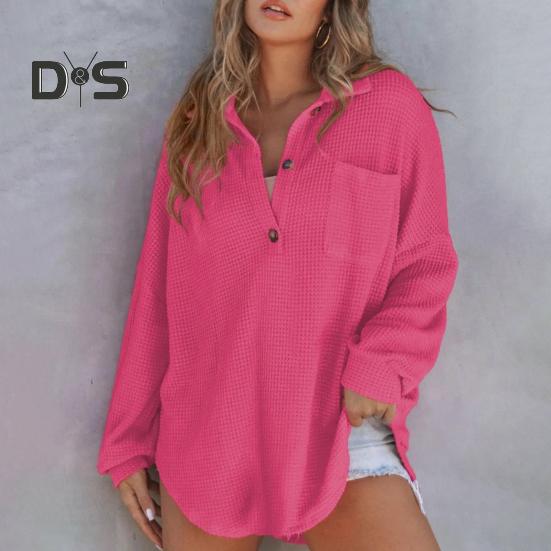 Women Tops Lapel Buttons Half Placket Long Sleeve Pullover Tops Solid Color Waffle Texture Stretchy Blouse Daily Wear