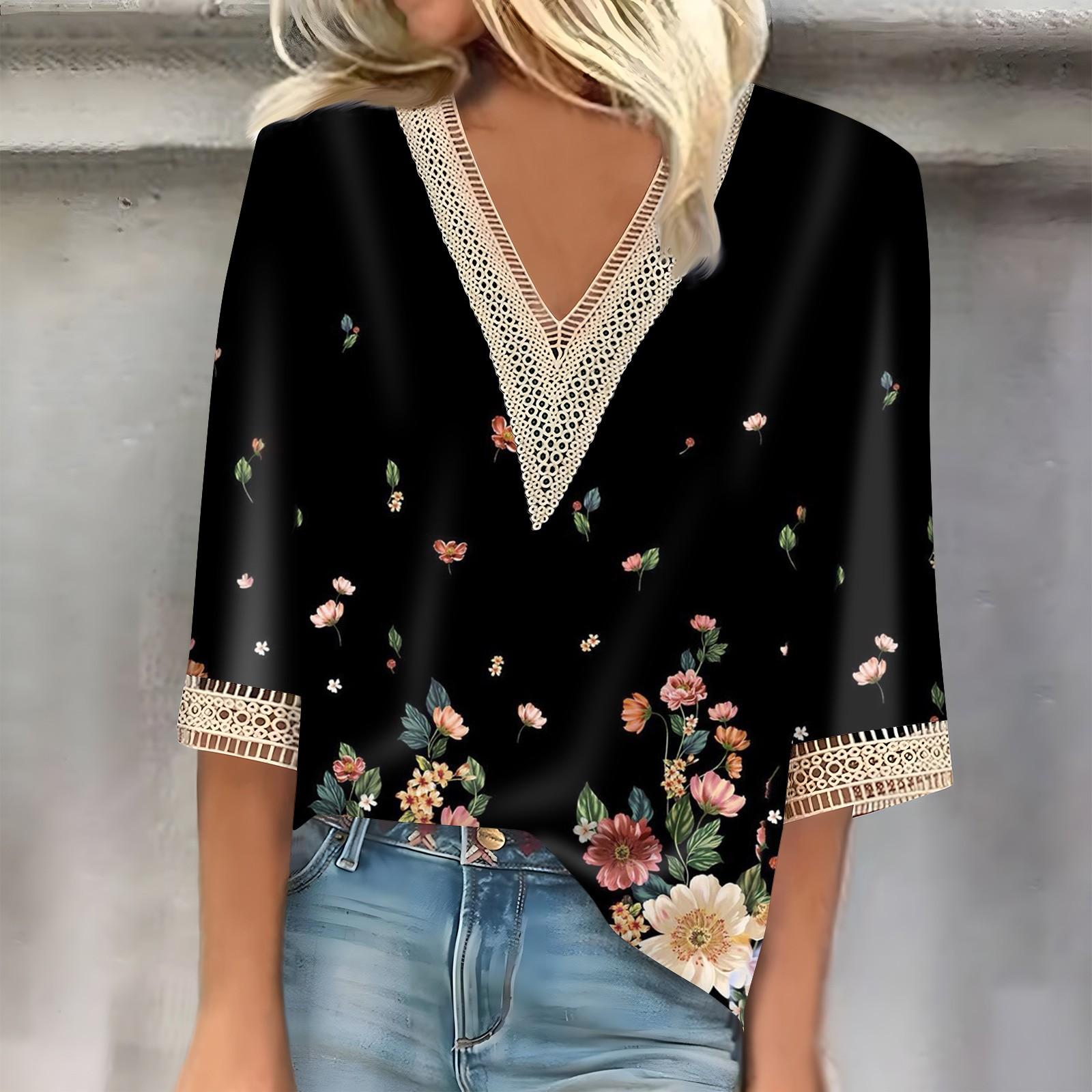 

Женская мода повседневный кружевной топ с рукавом 7/10 и V-образным вырезом с цветочным принтом L чёрный