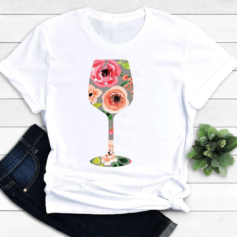 Womens Vintage Tee Color Wine Glass Print a Generation Hair Base Shirt Trend Aesthetic Graphic T Shirts Casual Tops