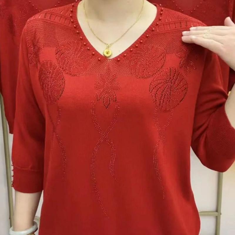 Fashion Knit Top 3/4 Sleeve Mom Wear Lace Up Crystal Pullover Blouse Women
